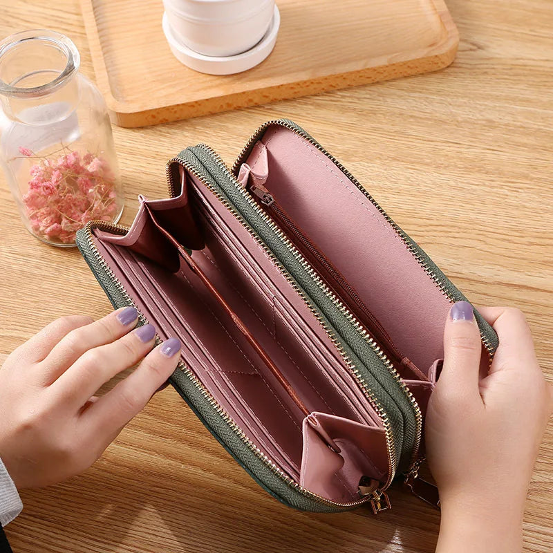 Women Double Zipper Hand Wallet Large Capacity Double Purse Mobile Phone Bag
