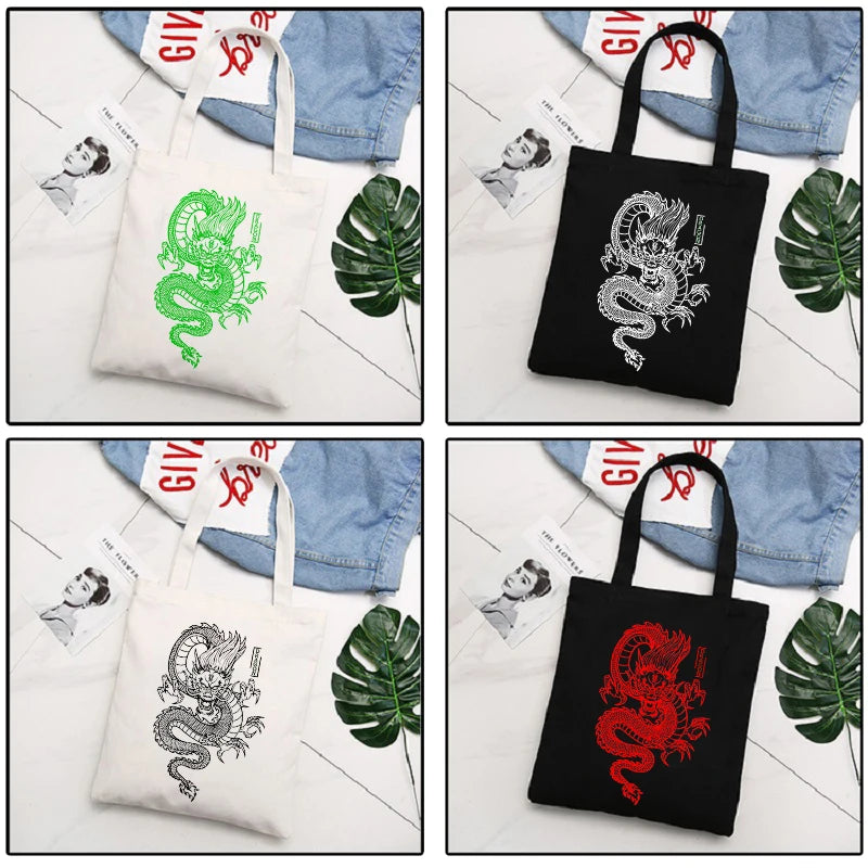 Women Dragon Canvas Shopper Bag Harajuku Vintage Shoulder Handbag
