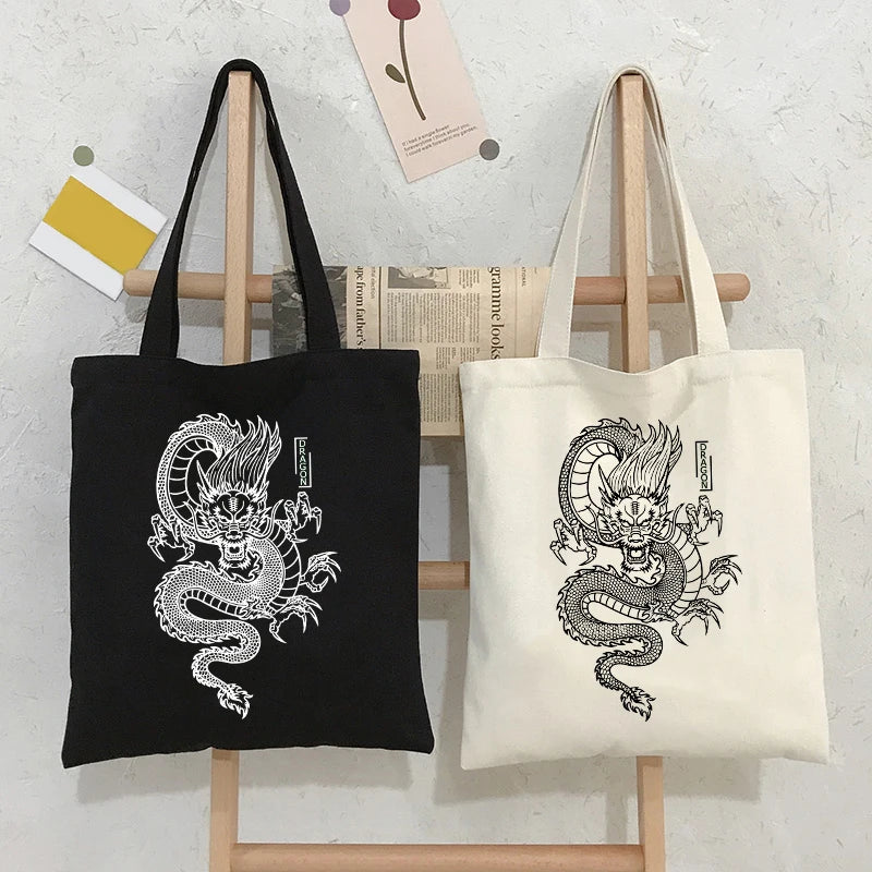Women Dragon Canvas Shopper Bag Harajuku Vintage Shoulder Handbag