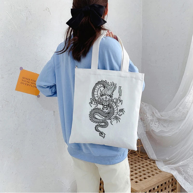 Dragon Sketch Canvas Shopper Bag 90s Vintage Shoulder Handbag