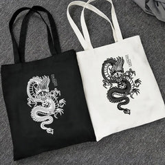 Dragon Sketch Canvas Shopper Bag 90s Vintage Shoulder Handbag