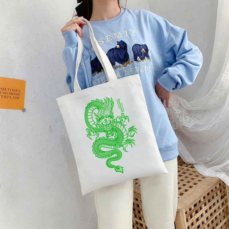Dragon Sketch Canvas Shopper Bag 90s Vintage Shoulder Handbag