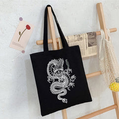 Dragon Sketch Canvas Shopper Bag 90s Vintage Shoulder Handbag