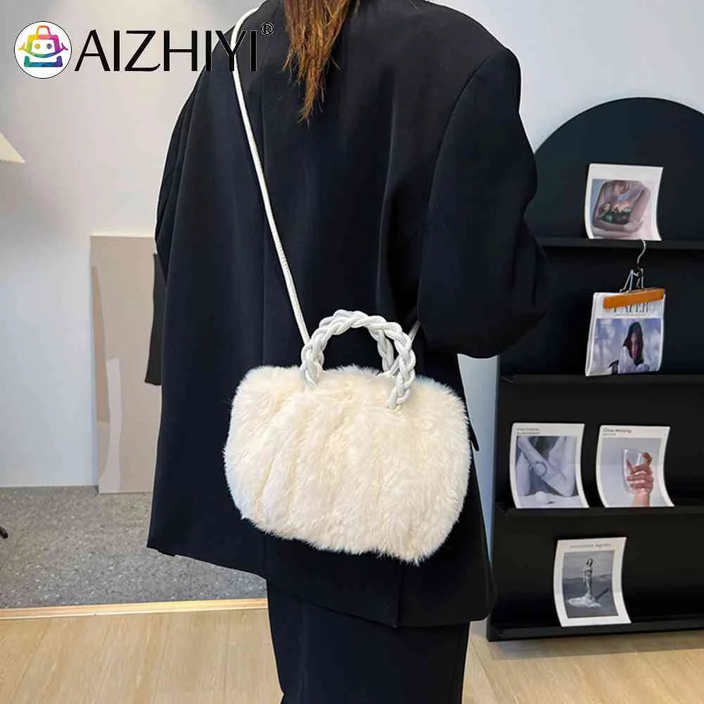 Plush Messenger Crossbody Bag with Woven Handle