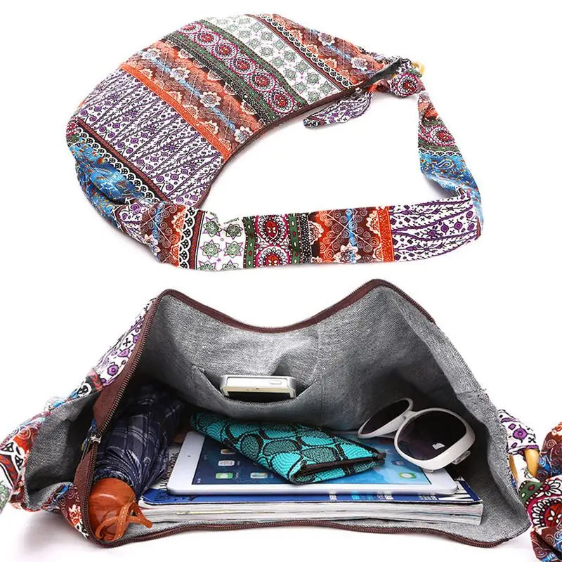 Ethnic Canvas Crossbody Messenger Bag Floral Print Lady Vintage Handbag