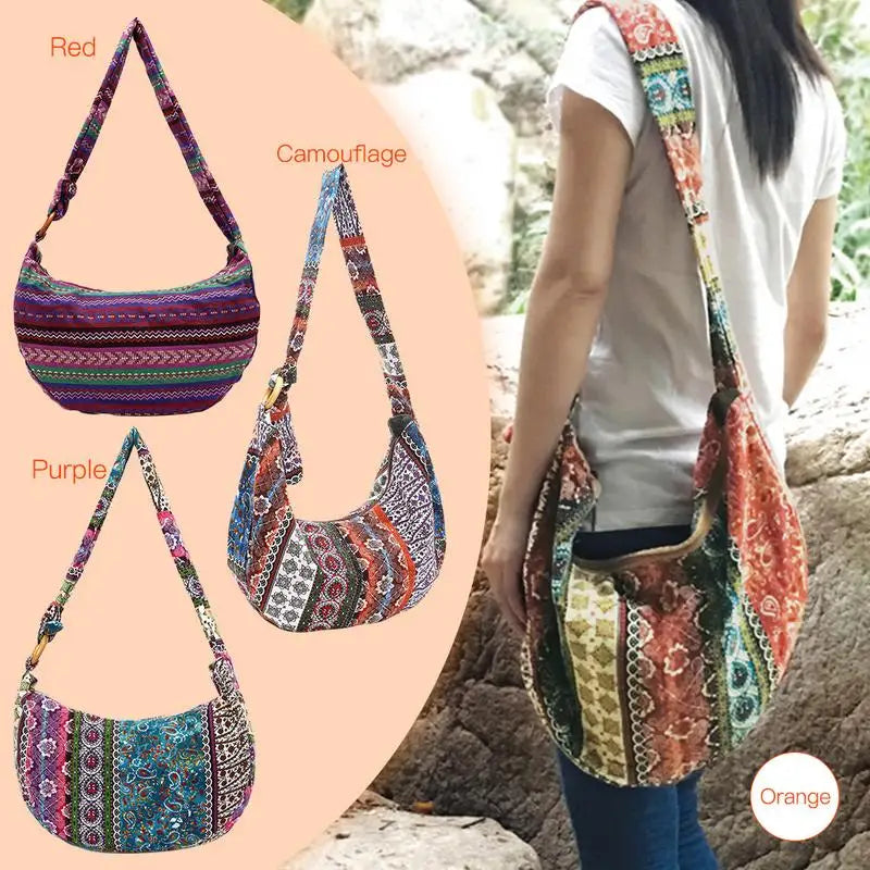 Ethnic Canvas Crossbody Messenger Bag Floral Print Lady Vintage Handbag