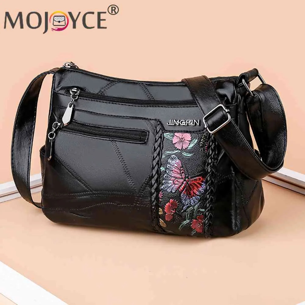 Women Flower Print Messenger Shoulder Bag PU Leather Crossbody Handbag