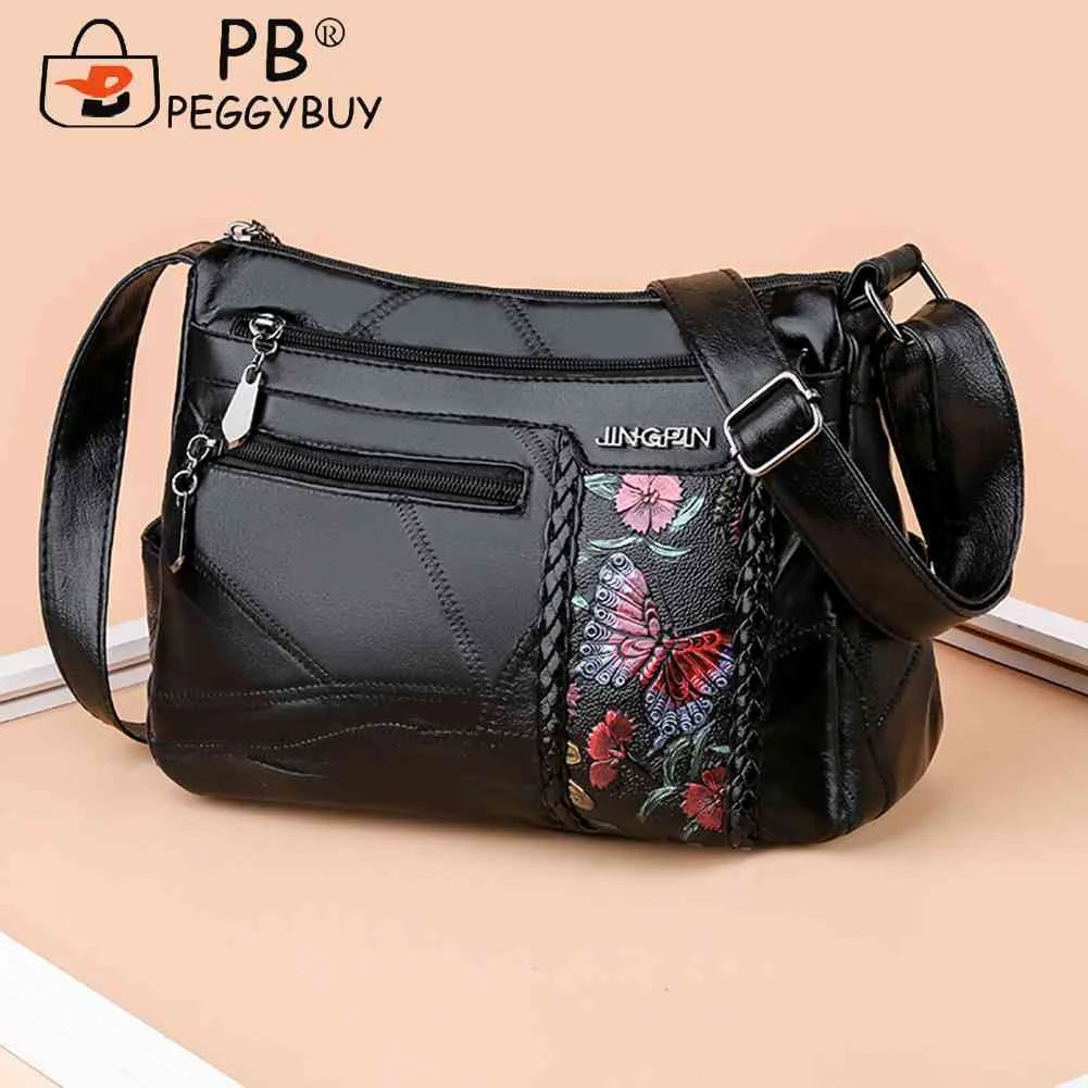 Women Flower Print Messenger Shoulder Bag PU Leather Crossbody Handbag