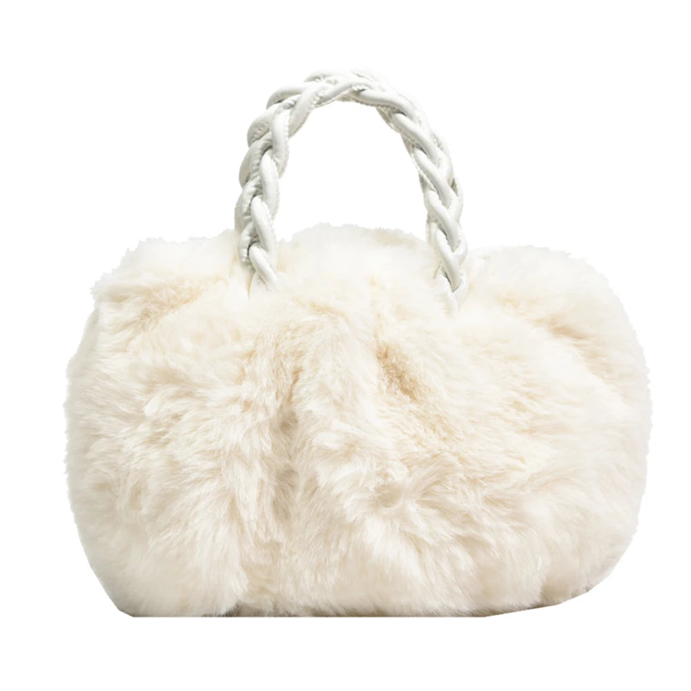 Fluffy Shoulder Bag with Woven Handle