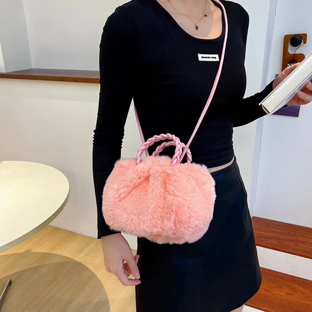 Fluffy Shoulder Bag with Woven Handle