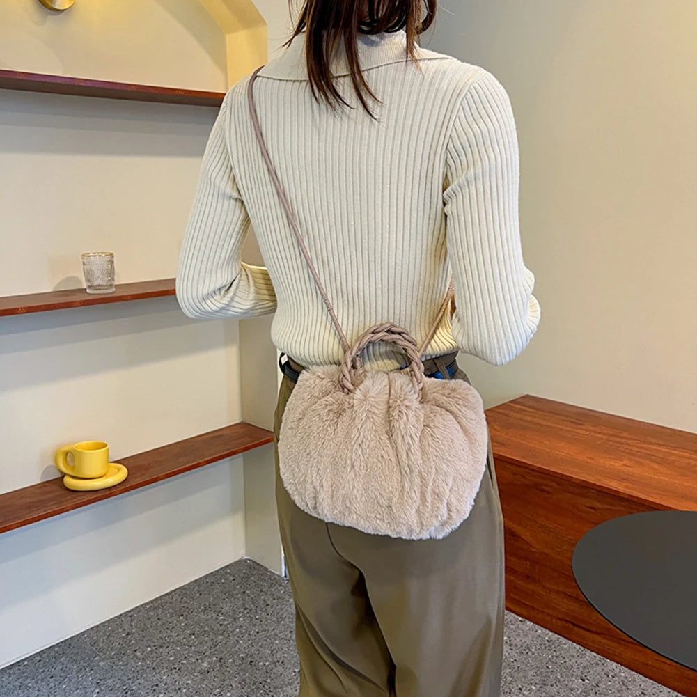 Fluffy Shoulder Bag with Woven Handle
