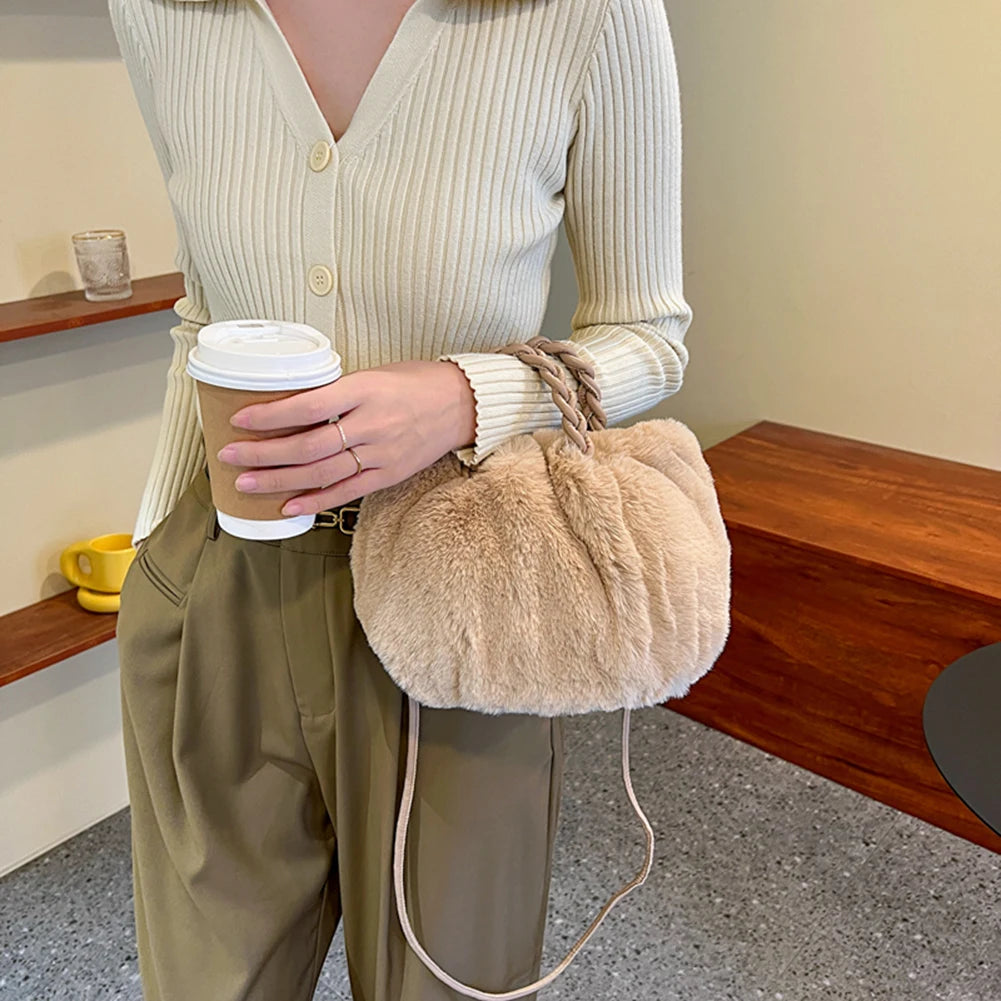 Fluffy Shoulder Bag with Woven Handle