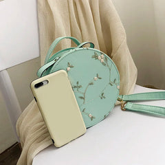 Women Floral Embroidery Shoulder Bag Round Hand Tote