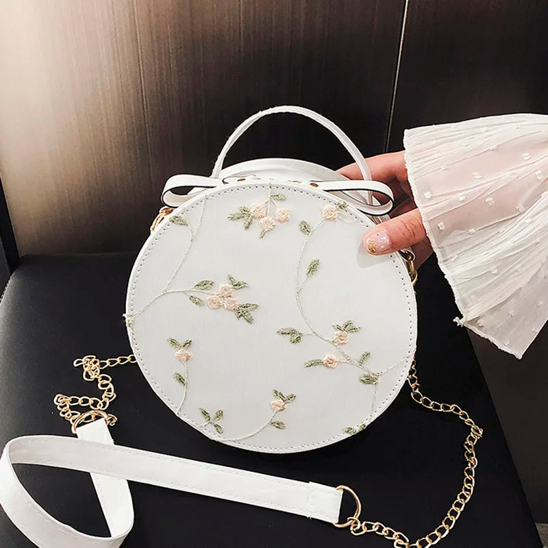 Women Floral Embroidery Shoulder Bag Round Hand Tote