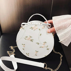 Women Floral Embroidery Shoulder Bag Round Hand Tote