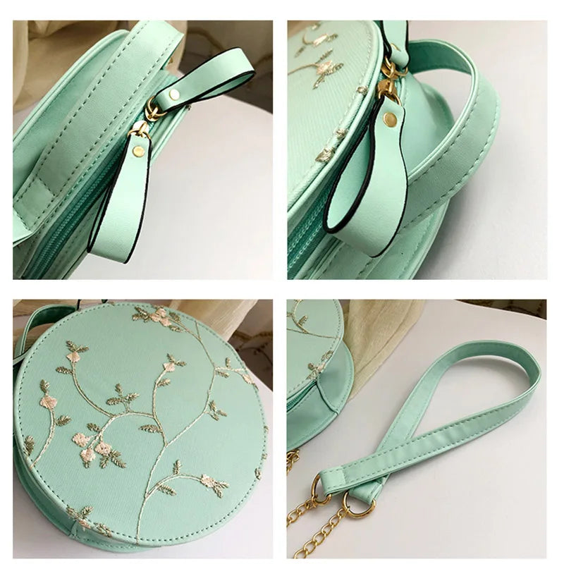 Women Floral Embroidery Shoulder Bag Round Hand Tote