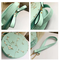 Women Floral Embroidery Shoulder Bag Round Hand Tote