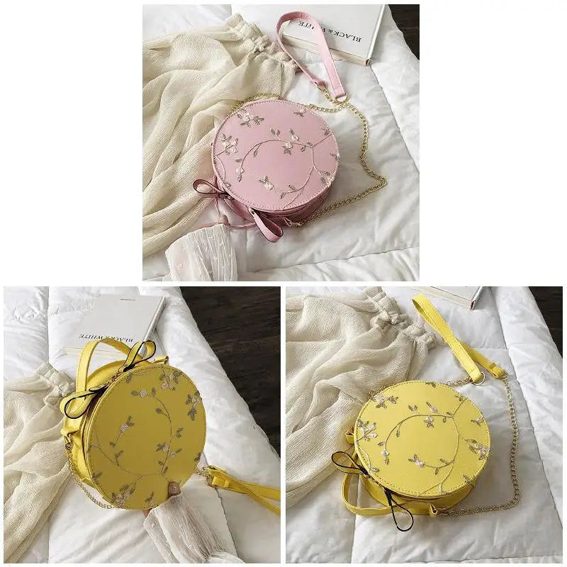 Women Floral Embroidery Shoulder Bag Round Hand Tote