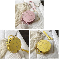 Women Floral Embroidery Shoulder Bag Round Hand Tote
