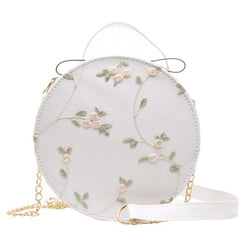 Women Floral Embroidery Shoulder Bag Round Hand Tote