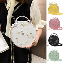 Women Floral Embroidery Shoulder Bag Round Hand Tote
