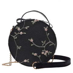 Women Floral Embroidery Shoulder Bag Round Hand Tote