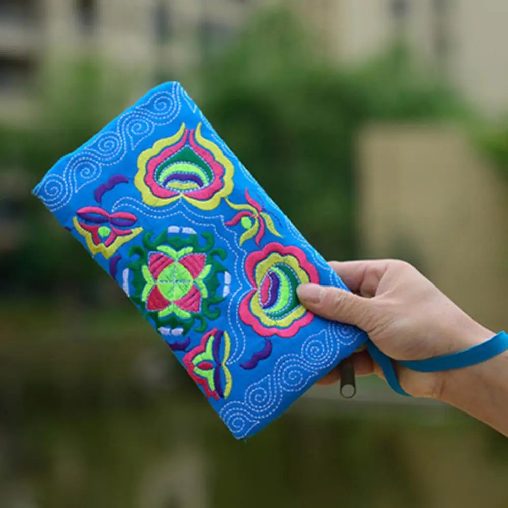 Women Embroidered Wristlet Clutch Bag Zipper Purse Wallet