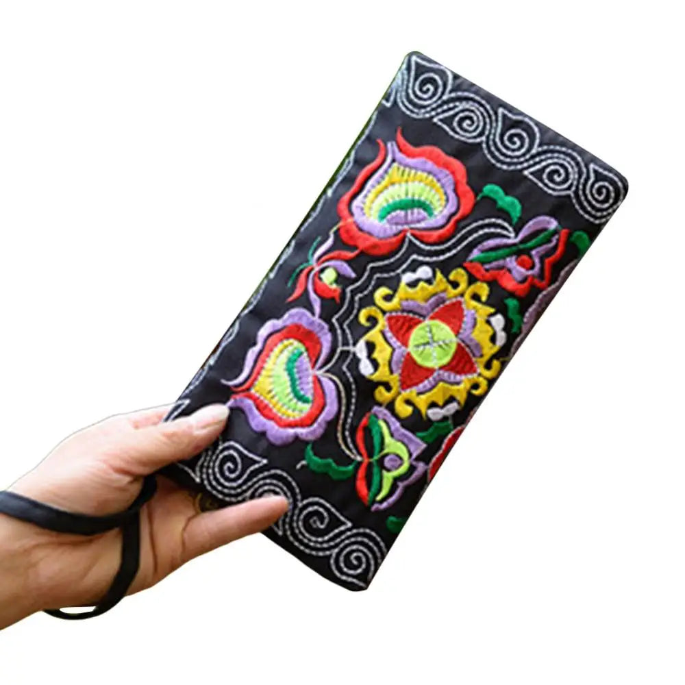 Women Embroidered Wristlet Clutch Bag Zipper Purse Wallet