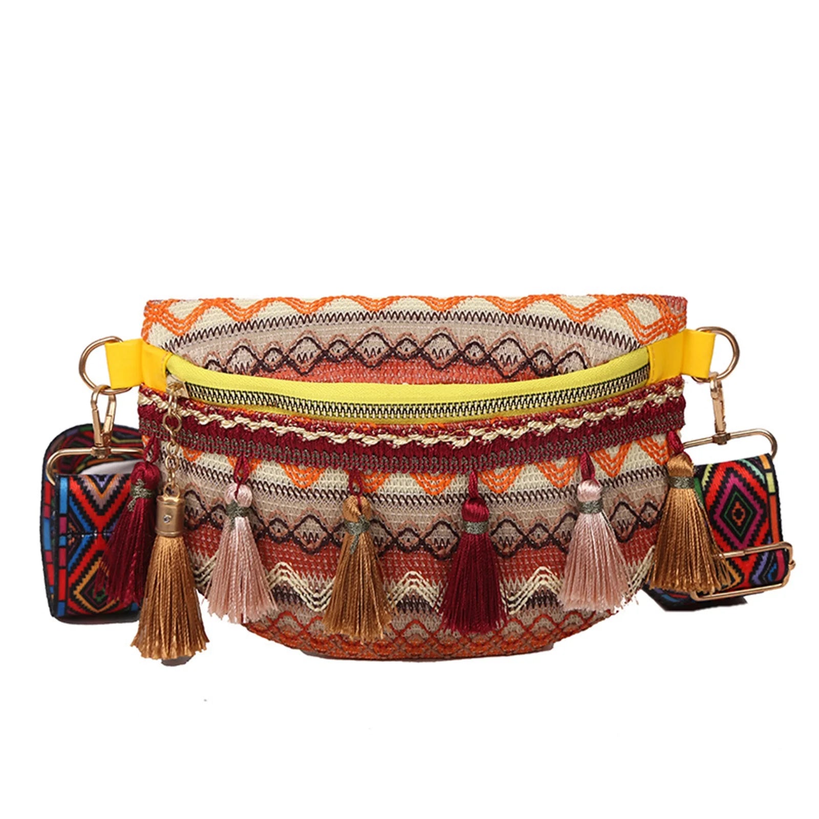 Ethnic Style Waist Bag with Adjustable Strap and Fringe Decor