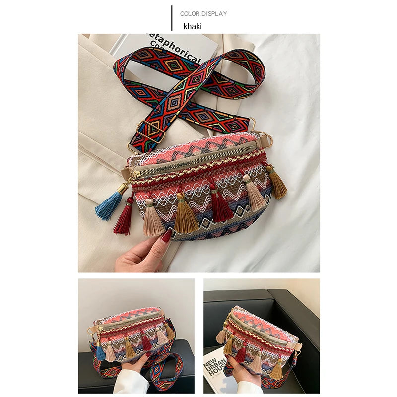 Ethnic Style Waist Bag with Adjustable Strap and Fringe Decor