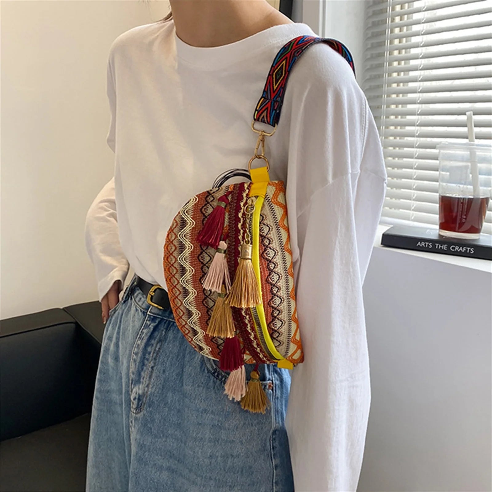 Ethnic Style Waist Bag with Adjustable Strap and Fringe Decor