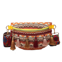 Ethnic Style Waist Bag with Adjustable Strap and Fringe Decor