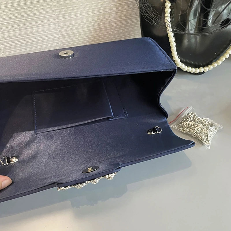 Satin Evening Bag Purse with Detachable Chain, Flap Shoulder Tote