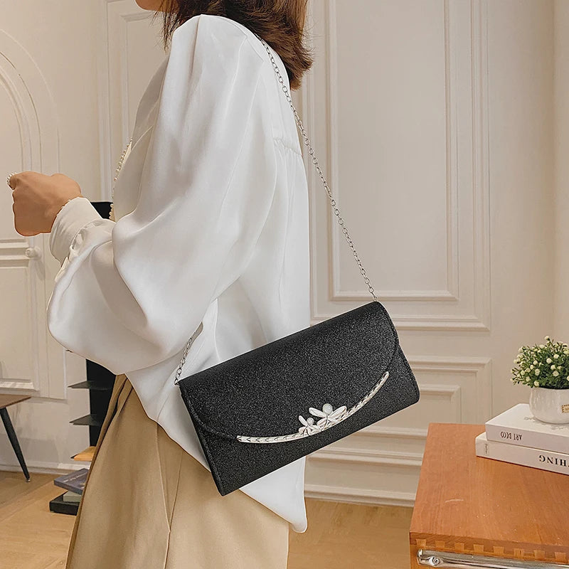 Women Evening Clutch Bag Flowers Wedding Purse Party Silver Sequin Shoulder Bag