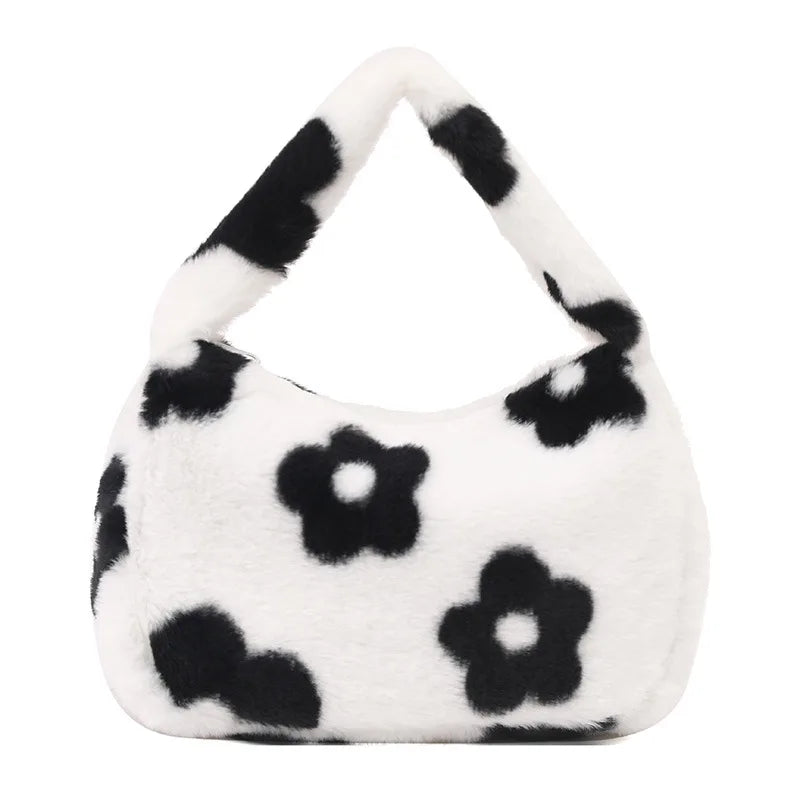 Women Shoulder Bag Cow Print Flower Plush Handbag