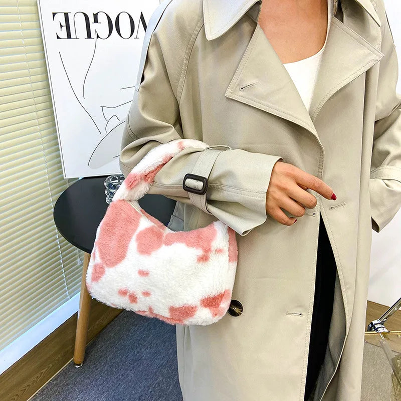 Women Shoulder Bag Cow Print Flower Plush Handbag