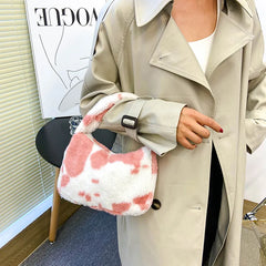 Women Shoulder Bag Cow Print Flower Plush Handbag