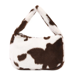 Women Shoulder Bag Cow Print Flower Plush Handbag