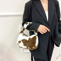 Women Shoulder Bag Cow Print Flower Plush Handbag