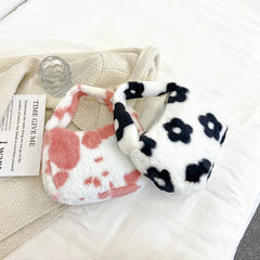 Women Shoulder Bag Cow Print Flower Plush Handbag
