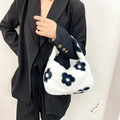 Women Shoulder Bag Cow Print Flower Plush Handbag