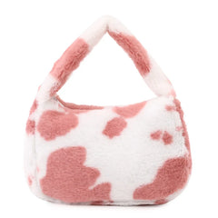 Women Shoulder Bag Cow Print Flower Plush Handbag