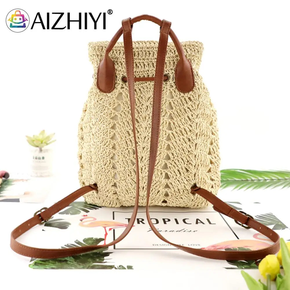 Women Straw Backpack Shoulders Bag Woven Casual Beach Holiday Vacation Bagpacks