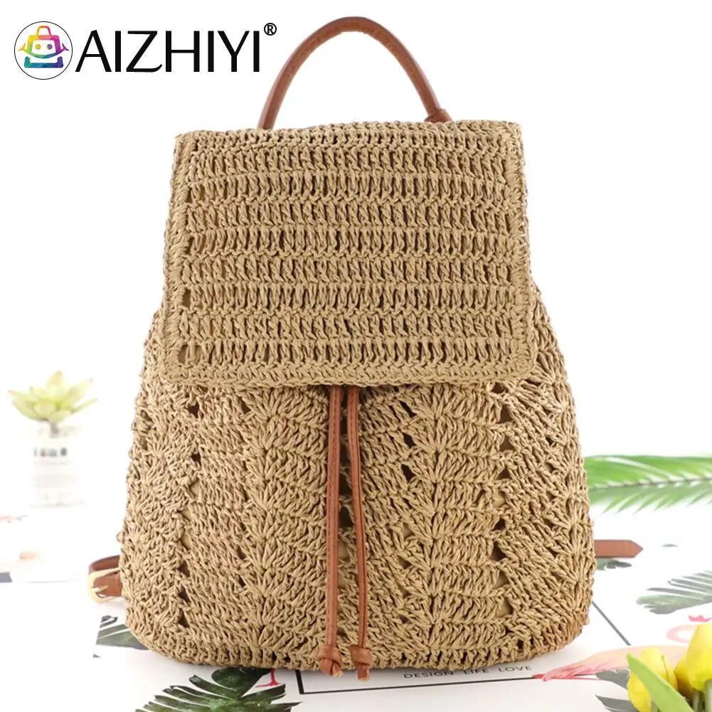 Women Straw Backpack Shoulders Bag Woven Casual Beach Holiday Vacation Bagpacks