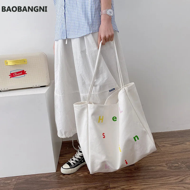 Women Large Canvas Shoulder Bag Letters Print Shopping Bags Thick Cotton Handbag