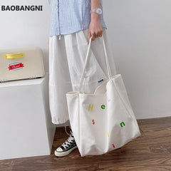 Women Large Canvas Shoulder Bag Letters Print Shopping Bags Thick Cotton Handbag