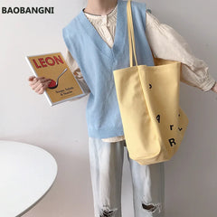 Women Large Canvas Shoulder Bag Letters Print Shopping Bags Thick Cotton Handbag
