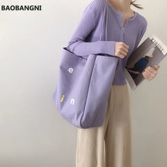 Women Large Canvas Shoulder Bag Letters Print Shopping Bags Thick Cotton Handbag