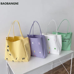 Women Large Canvas Shoulder Bag Letters Print Shopping Bags Thick Cotton Handbag