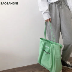 Women Large Canvas Shoulder Bag Letters Print Shopping Bags Thick Cotton Handbag